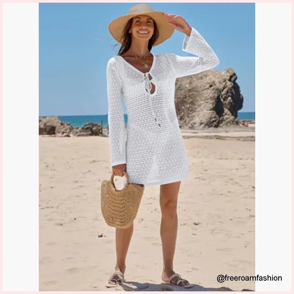 Crochet Mesh Knit Swimsuit Cover Up Dress V Neck Long Sleeve Beach